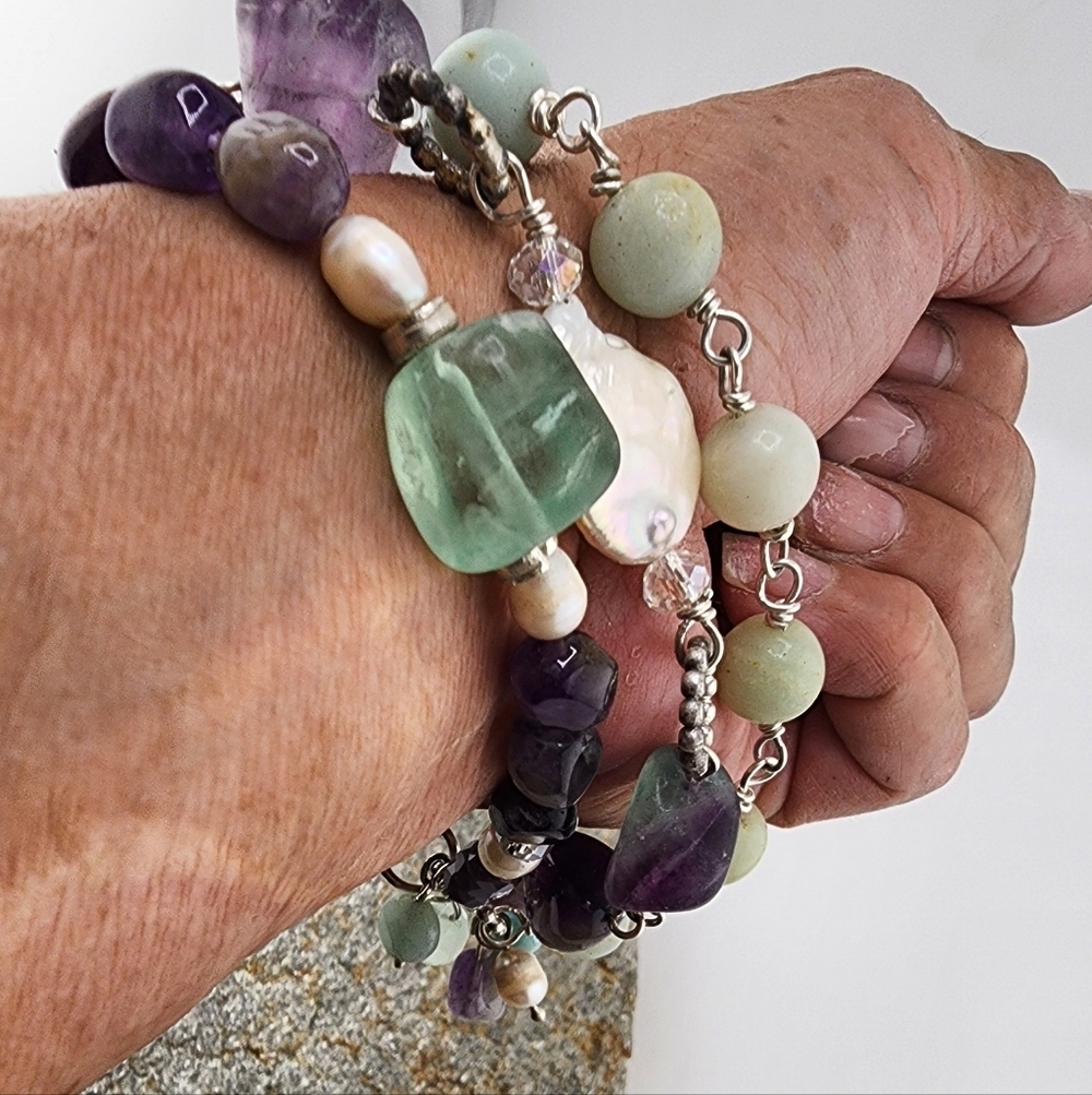 AMETHYST, AMAZONITE & PEARLS HANDMADE BRACELET IN STERLING SILVER APPRX 8 INCHES - Picture 4 of 10